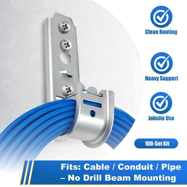 Alt view image 5 of 7 - 3/4 Inch J Hooks Wall Mount Cable Support, 100 Pack with Retainer Clips 16-Gauge Galvanized Steel, Up to 50 lb; Holds About 7 CAT6 Cables for Ethernet, Coax & Fiber, Screws Not Included