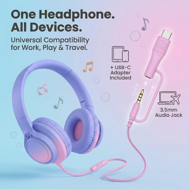 Alt view image 2 of 7 - Kids Over-Ear Headphones, 85/94dB, Mic, USB-C Adapter, Pink 85/94dB volume control, foldable over-ear design, built-in mic, 3.5mm jack, and USB-C adapter for school and travel