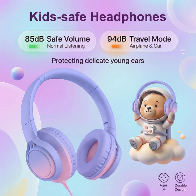 Alt view image 3 of 7 - Kids Over-Ear Headphones, 85/94dB, Mic, USB-C Adapter, Pink 85/94dB volume control, foldable over-ear design, built-in mic, 3.5mm jack, and USB-C adapter for school and travel