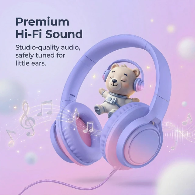Alt view image 4 of 7 - Kids Over-Ear Headphones, 85/94dB, Mic, USB-C Adapter, Pink 85/94dB volume control, foldable over-ear design, built-in mic, 3.5mm jack, and USB-C adapter for school and travel