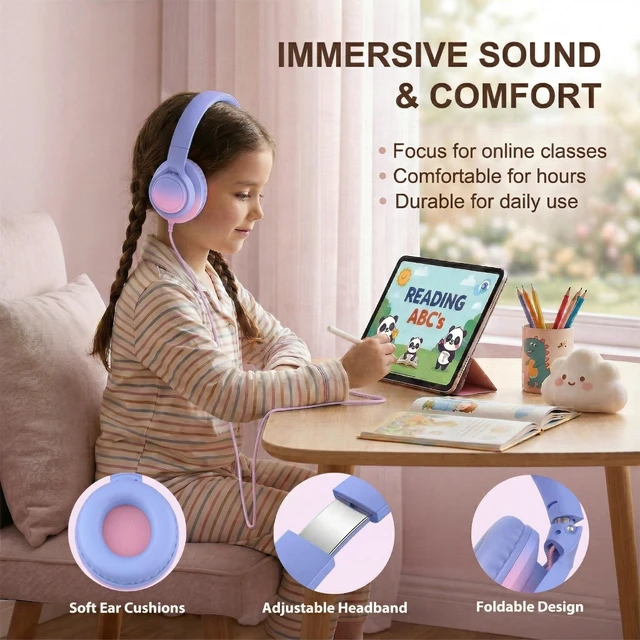 Alt view image 5 of 7 - Kids Over-Ear Headphones, 85/94dB, Mic, USB-C Adapter, Pink 85/94dB volume control, foldable over-ear design, built-in mic, 3.5mm jack, and USB-C adapter for school and travel