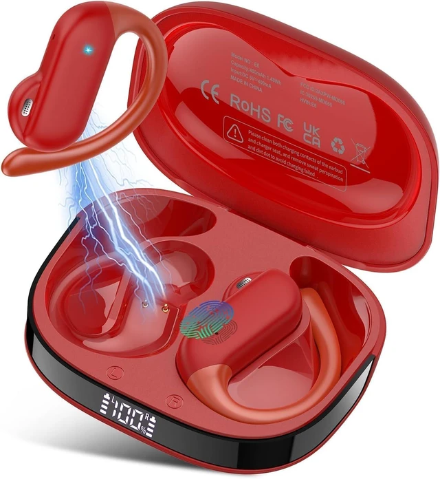 Main image of Open Ear Earbuds Wireless Bluetooth 5.4 HiFi Stereo Earbuds with Ear Hooks 32H Open Ear Headphones with ENC Noise Cancelling, IPX7 Waterproof Sport Over Earbuds for Running/Gym/Workout, Garnet Red
