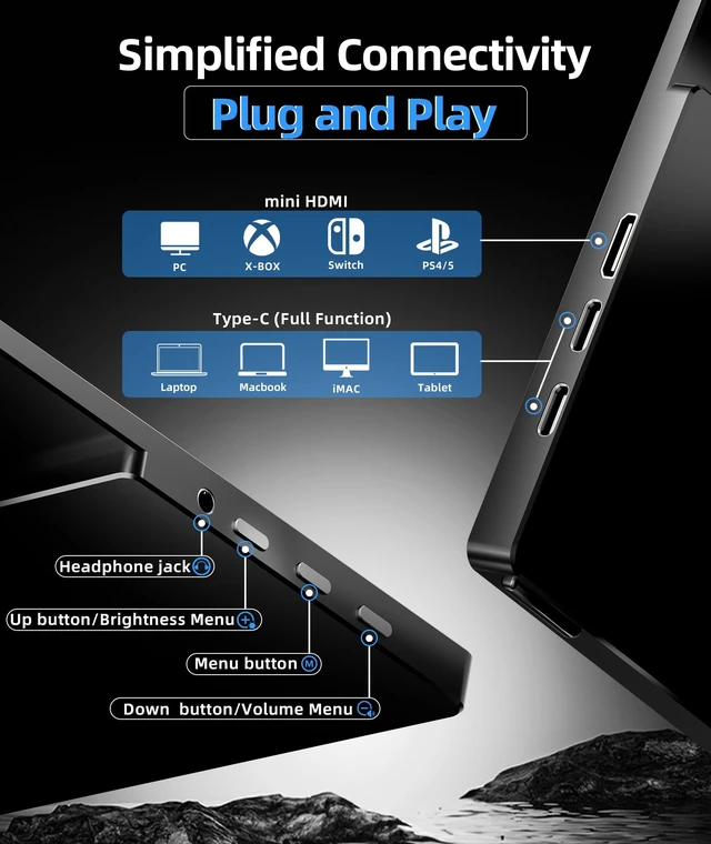 Alt view image 5 of 7 - 18.5Inch Laptop Monitor,100% sRGB FHD 1080P Second Screen 60Hz USB-C Mini HDMI Large Monitor for Laptop,Mac mini PC,PS5/Switch,with Magnetic Case,Built-in Speakers,VESA-ready
