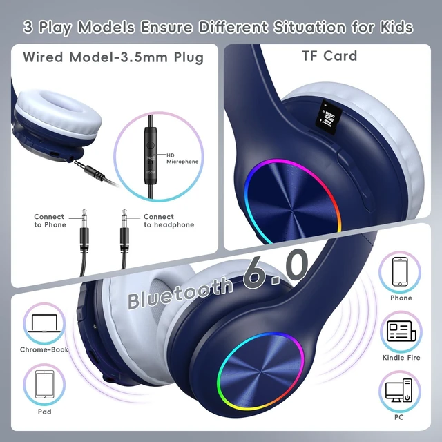 Alt view image 3 of 7 - Kids Bluetooth 6.0 Headphones, LED Light, 85Hours Playtimes Type-C Fast Charging, 85/94dB Volume Limited, Comfort Wireless Headphones with Built-in Mic, Wired & TF Card Mode, Navy Blue
