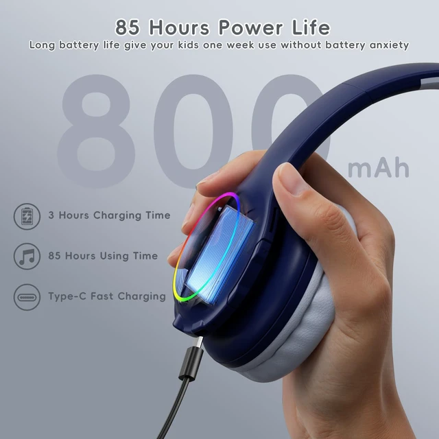 Alt view image 4 of 7 - Kids Bluetooth 6.0 Headphones, LED Light, 85Hours Playtimes Type-C Fast Charging, 85/94dB Volume Limited, Comfort Wireless Headphones with Built-in Mic, Wired & TF Card Mode, Navy Blue