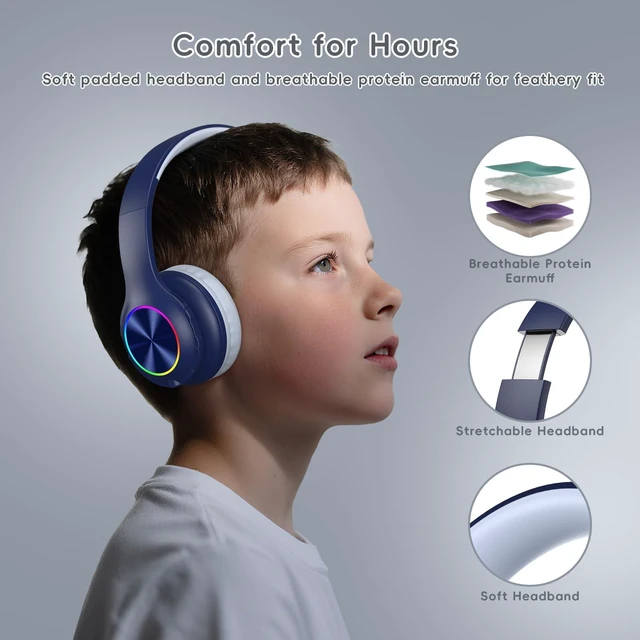 Alt view image 5 of 7 - Kids Bluetooth 6.0 Headphones, LED Light, 85Hours Playtimes Type-C Fast Charging, 85/94dB Volume Limited, Comfort Wireless Headphones with Built-in Mic, Wired & TF Card Mode, Navy Blue