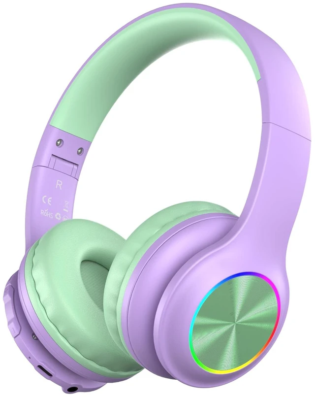 Main image of Kids Bluetooth 6.0 Headphones, LED Light, 85Hours Playtime Type-C Fast Charging, 85/94dB Volume Limited, Comfort Wireless Headphones with Built-in Mic, Green and Purple