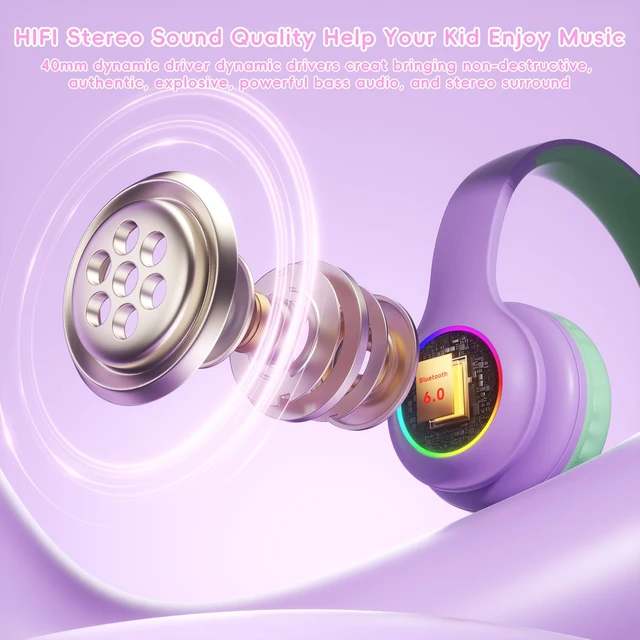 Alt view image 2 of 7 - Kids Bluetooth 6.0 Headphones, LED Light, 85Hours Playtime Type-C Fast Charging, 85/94dB Volume Limited, Comfort Wireless Headphones with Built-in Mic, Green and Purple