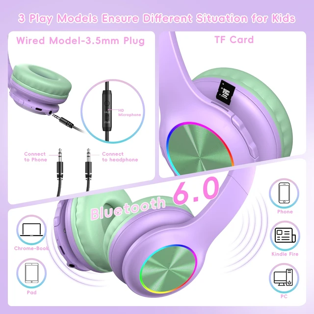 Alt view image 3 of 7 - Kids Bluetooth 6.0 Headphones, LED Light, 85Hours Playtime Type-C Fast Charging, 85/94dB Volume Limited, Comfort Wireless Headphones with Built-in Mic, Green and Purple