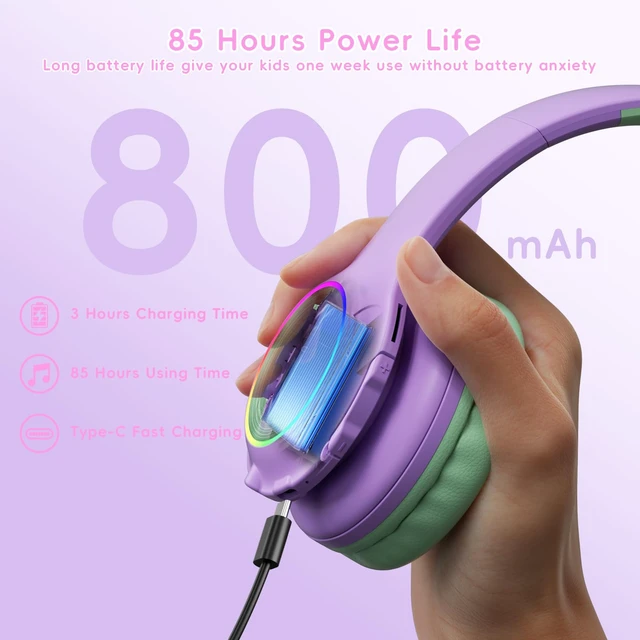 Alt view image 4 of 7 - Kids Bluetooth 6.0 Headphones, LED Light, 85Hours Playtime Type-C Fast Charging, 85/94dB Volume Limited, Comfort Wireless Headphones with Built-in Mic, Green and Purple