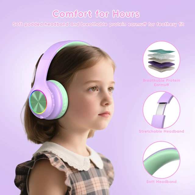 Alt view image 5 of 7 - Kids Bluetooth 6.0 Headphones, LED Light, 85Hours Playtime Type-C Fast Charging, 85/94dB Volume Limited, Comfort Wireless Headphones with Built-in Mic, Green and Purple
