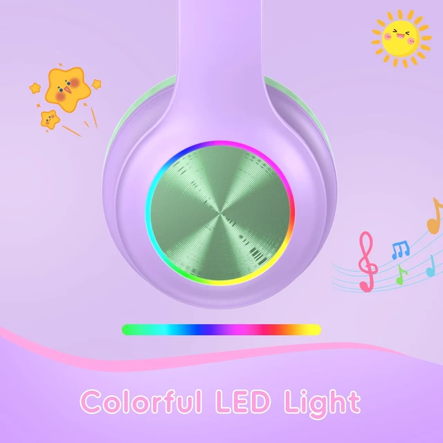 Alt view image 7 of 7 - Kids Bluetooth 6.0 Headphones, LED Light, 85Hours Playtime Type-C Fast Charging, 85/94dB Volume Limited, Comfort Wireless Headphones with Built-in Mic, Green and Purple