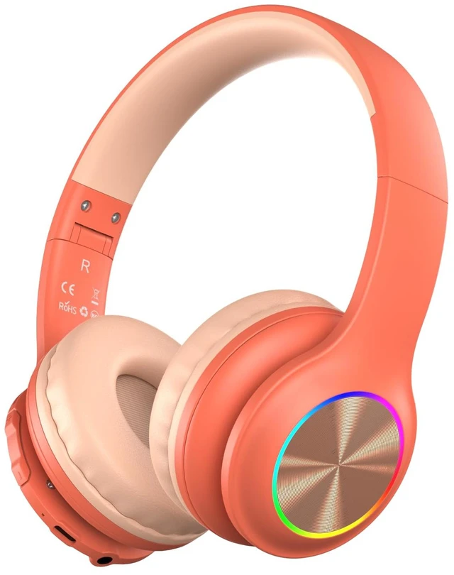Main image of Kids Bluetooth 6.0 Headphones, LED Light, 85Hours Playtime Type-C Fast Charging, 85/94dB Volume Limited, Comfort Wireless Headphones with Built-in Mic, Pink and Orange