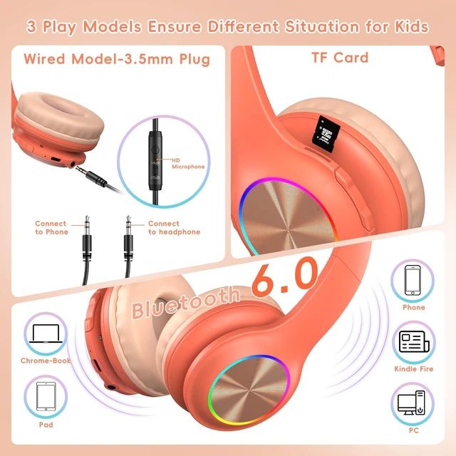 Alt view image 2 of 7 - Kids Bluetooth 6.0 Headphones, LED Light, 85Hours Playtime Type-C Fast Charging, 85/94dB Volume Limited, Comfort Wireless Headphones with Built-in Mic, Pink and Orange