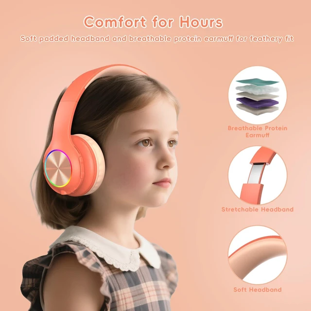 Alt view image 3 of 7 - Kids Bluetooth 6.0 Headphones, LED Light, 85Hours Playtime Type-C Fast Charging, 85/94dB Volume Limited, Comfort Wireless Headphones with Built-in Mic, Pink and Orange