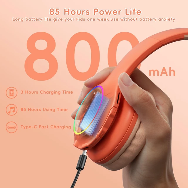 Alt view image 4 of 7 - Kids Bluetooth 6.0 Headphones, LED Light, 85Hours Playtime Type-C Fast Charging, 85/94dB Volume Limited, Comfort Wireless Headphones with Built-in Mic, Pink and Orange