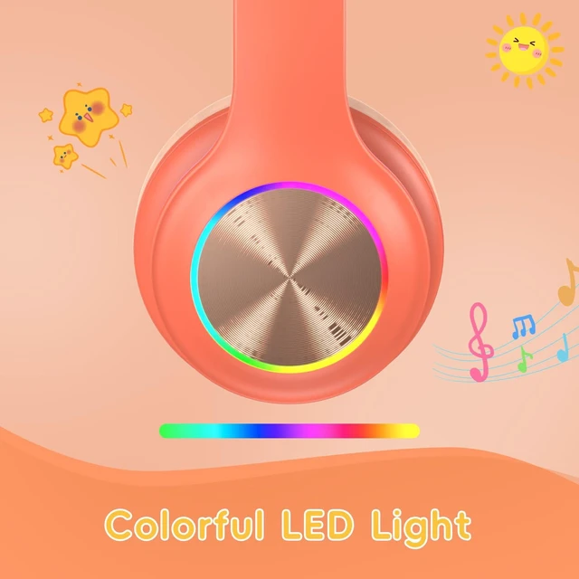 Alt view image 6 of 7 - Kids Bluetooth 6.0 Headphones, LED Light, 85Hours Playtime Type-C Fast Charging, 85/94dB Volume Limited, Comfort Wireless Headphones with Built-in Mic, Pink and Orange