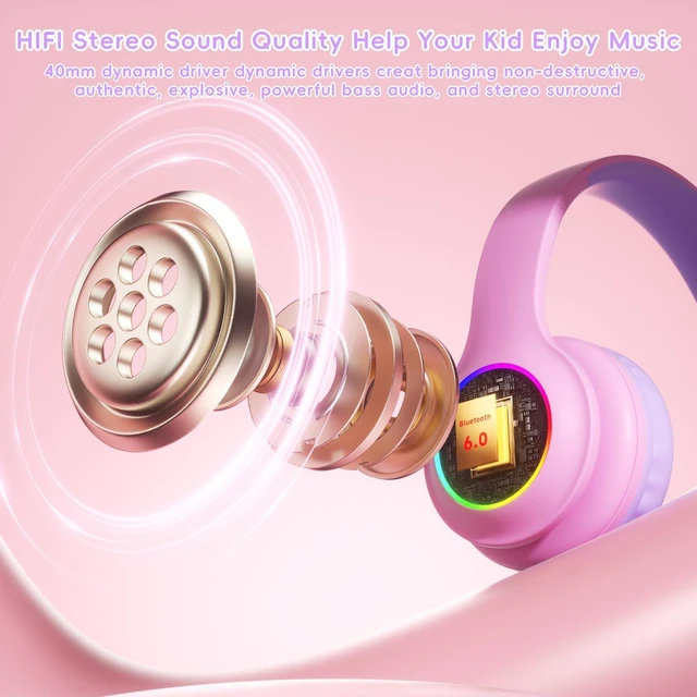 Alt view image 2 of 7 - Kids Bluetooth 6.0 Headphones, LED Light, 85Hours Playtime Type-C Fast Charging, 85/94dB Volume Limited, Comfort Wireless Headphones with Built-in Mic, Wired & TF Card Mode,Pink
