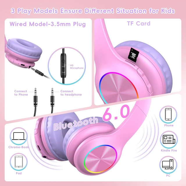 Alt view image 3 of 7 - Kids Bluetooth 6.0 Headphones, LED Light, 85Hours Playtime Type-C Fast Charging, 85/94dB Volume Limited, Comfort Wireless Headphones with Built-in Mic, Wired & TF Card Mode,Pink