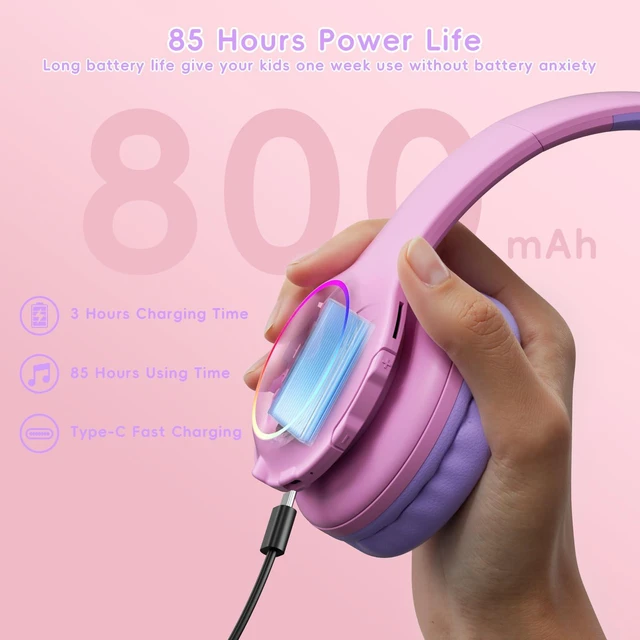 Alt view image 4 of 7 - Kids Bluetooth 6.0 Headphones, LED Light, 85Hours Playtime Type-C Fast Charging, 85/94dB Volume Limited, Comfort Wireless Headphones with Built-in Mic, Wired & TF Card Mode,Pink