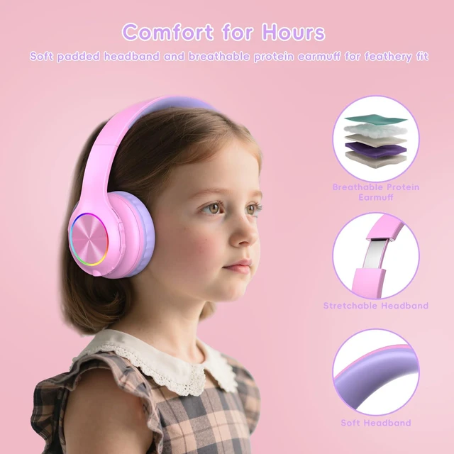 Alt view image 5 of 7 - Kids Bluetooth 6.0 Headphones, LED Light, 85Hours Playtime Type-C Fast Charging, 85/94dB Volume Limited, Comfort Wireless Headphones with Built-in Mic, Wired & TF Card Mode,Pink