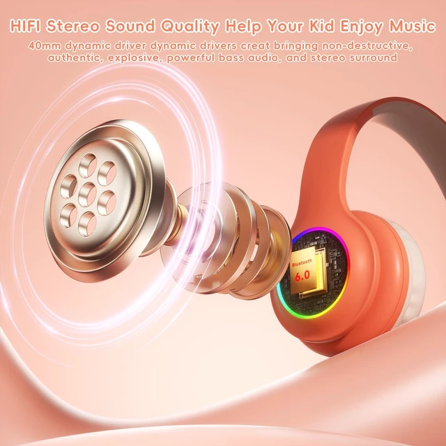 Alt view image 5 of 7 - Kids Bluetooth 6.0 Headphones, LED Light, 85Hours Playtime Type-C Fast Charging, 85/94dB Volume Limited, Comfort Wireless Headphones with Built-in Mic, Pink and Orange