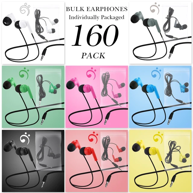 Alt view image 2 of 6 - 160 Packs Bulk Wired Earbuds Classroom Students,Bright Color 8 Colors Individually Wrapped Earphones, Kids School Library Disposable Headphones 3.5mm Plug, In-ear Design Testing Training