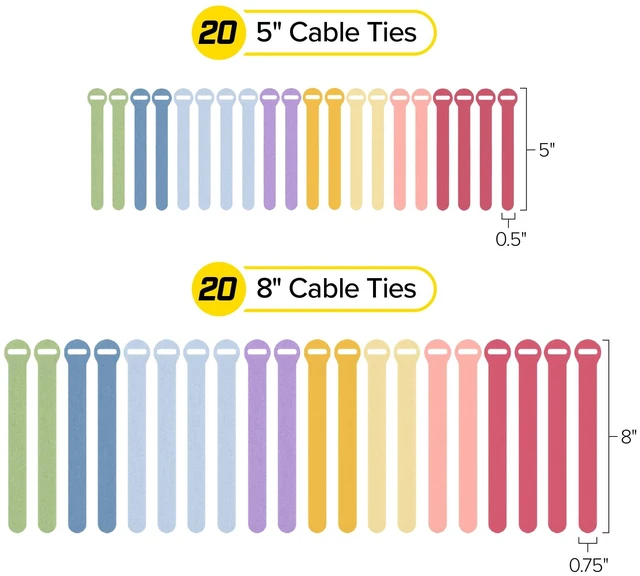 Alt view image 4 of 7 - Self-Gripping Cable Ties by - Assorted 40-Pack Macaron Reusable Hook and Loop Cord Wraps for Home Office Desk Organization