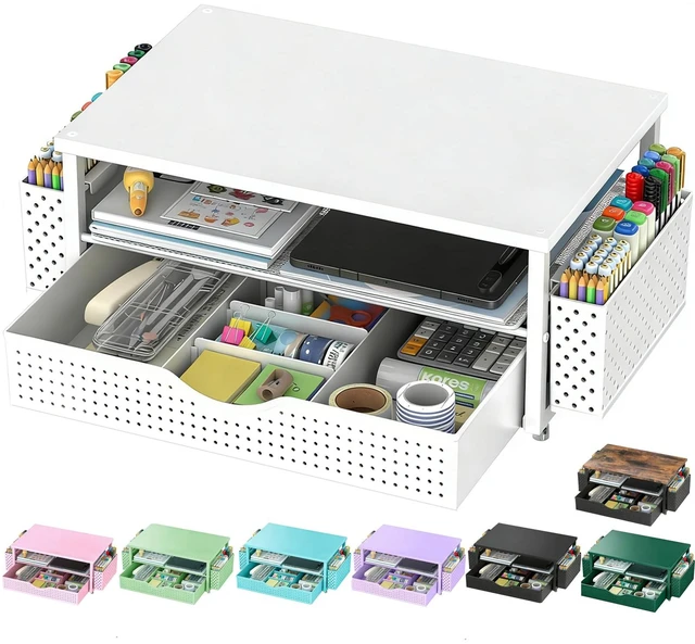 Main image of Computer Monitor Stand with Drawer and 2 Pen Holders, White Double layer storage Computer Stand Monitor Riser Office Organization for Desk