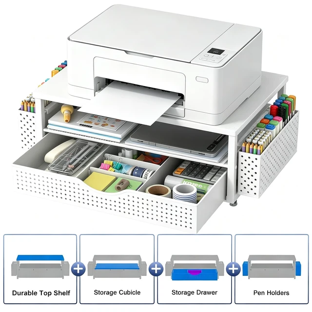 Alt view image 2 of 7 - Computer Monitor Stand with Drawer and 2 Pen Holders, White Double layer storage Computer Stand Monitor Riser Office Organization for Desk