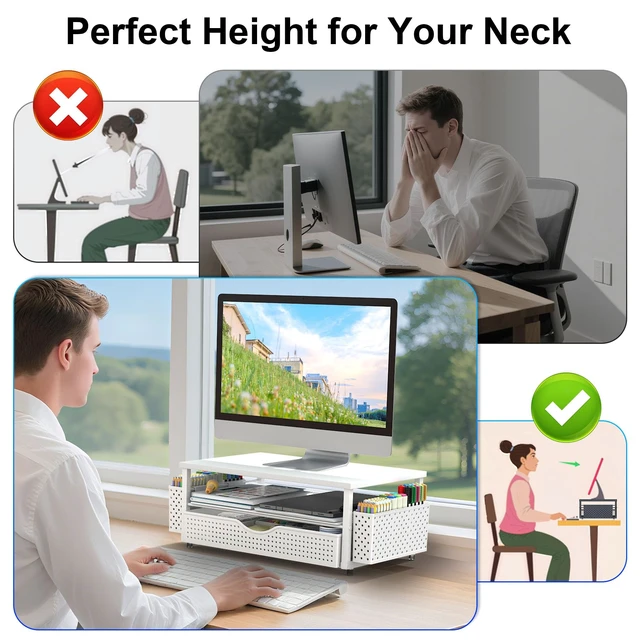 Alt view image 4 of 7 - Computer Monitor Stand with Drawer and 2 Pen Holders, White Double layer storage Computer Stand Monitor Riser Office Organization for Desk