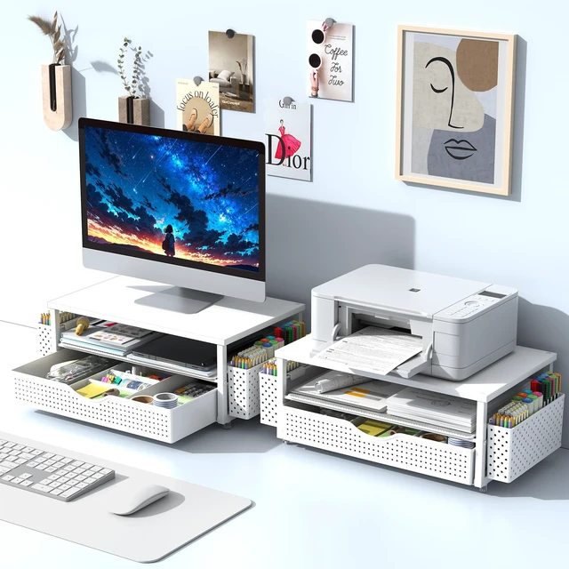 Alt view image 7 of 7 - Computer Monitor Stand with Drawer and 2 Pen Holders, White Double layer storage Computer Stand Monitor Riser Office Organization for Desk