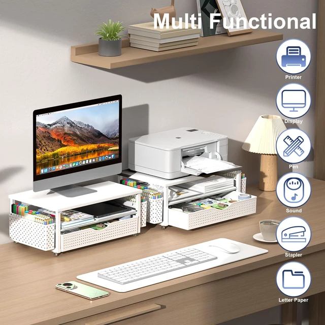 Alt view image 5 of 7 - Computer Monitor Stand with Drawer and 2 Pen Holders, White Double layer storage Computer Stand Monitor Riser Office Organization for Desk