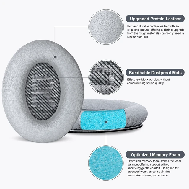 Alt view image 3 of 7 - Replacement Ear Pads Cushions for Bose QuietComfort QC 35 (ii) 25 15 2 Headphones, Upgraded Earpads for QC35 (ii) QC25 QC15 QC2 SoundTrue/SoundLink AE2/AE2i/AE2w Around-Ear Headphones (Silver)