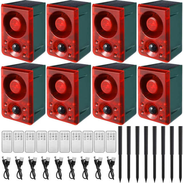 Main image of 8 Pcs Solar Outdoor Motion Sensor Alarm with Stake Gunshot Sound Dog Barking, 3 Modes Support Recording & Adjustable Volume USB Charging 129 dB Loud Noise Maker for Animal Deterrent, Red