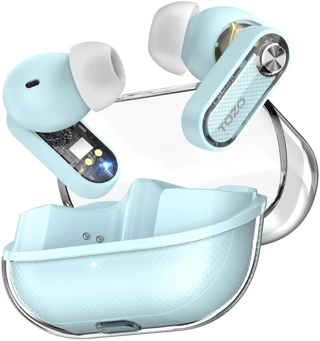 Main image of Crystal Pods Hybrid Active Noise Cancelling Wireless Earbuds, Blue 10mm Drivers Deep Bass, 4 Mics Smart ENC AI Calls, Real-Time AI Translation, 32 EQ via App, Bluetooth 5.4, 70H,Crystal Design