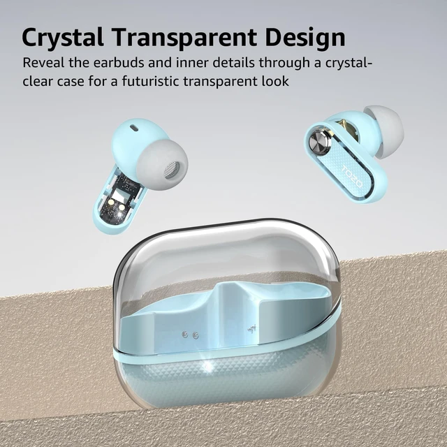 Alt view image 2 of 7 - Crystal Pods Hybrid Active Noise Cancelling Wireless Earbuds, Blue 10mm Drivers Deep Bass, 4 Mics Smart ENC AI Calls, Real-Time AI Translation, 32 EQ via App, Bluetooth 5.4, 70H,Crystal Design