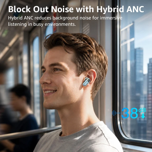 Alt view image 3 of 7 - Crystal Pods Hybrid Active Noise Cancelling Wireless Earbuds, Blue 10mm Drivers Deep Bass, 4 Mics Smart ENC AI Calls, Real-Time AI Translation, 32 EQ via App, Bluetooth 5.4, 70H,Crystal Design
