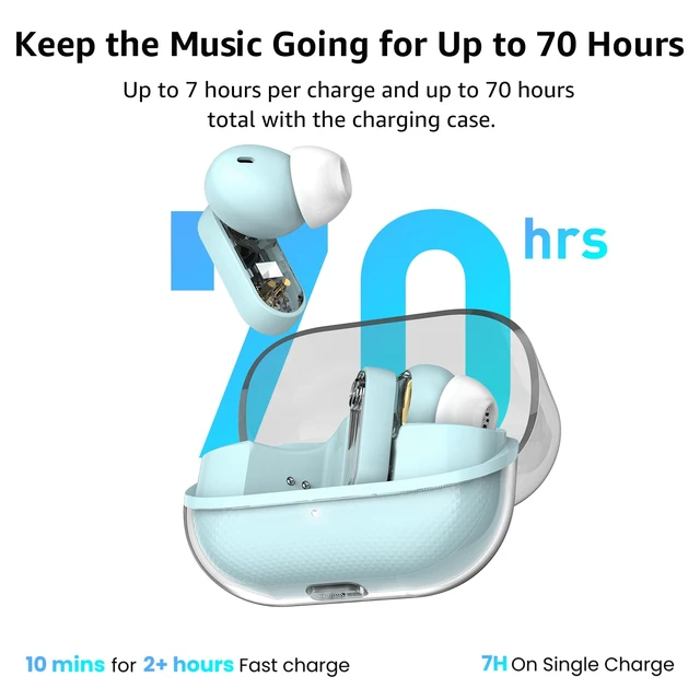Alt view image 5 of 7 - Crystal Pods Hybrid Active Noise Cancelling Wireless Earbuds, Blue 10mm Drivers Deep Bass, 4 Mics Smart ENC AI Calls, Real-Time AI Translation, 32 EQ via App, Bluetooth 5.4, 70H,Crystal Design