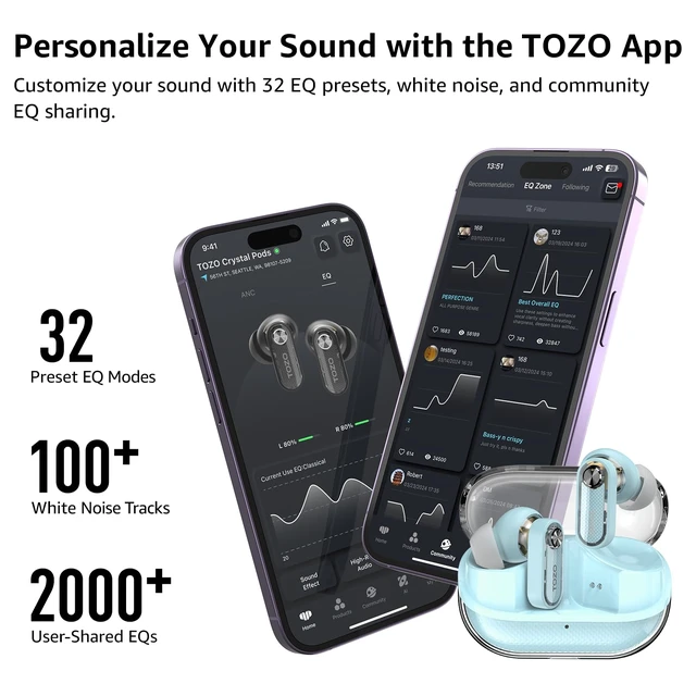 Alt view image 7 of 7 - Crystal Pods Hybrid Active Noise Cancelling Wireless Earbuds, Blue 10mm Drivers Deep Bass, 4 Mics Smart ENC AI Calls, Real-Time AI Translation, 32 EQ via App, Bluetooth 5.4, 70H,Crystal Design