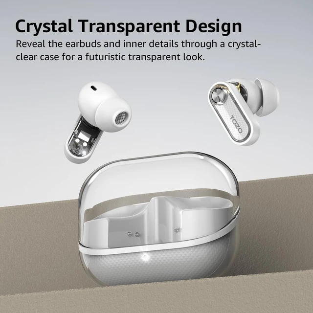 Alt view image 2 of 7 - Crystal Pods Hybrid Active Noise Cancelling Wireless Earbuds, White 10mm Drivers Deep Bass, 4 Mics Smart ENC AI Calls, Real-Time AI Translation, 32 EQ via App, Bluetooth 5.4, 70H,Crystal Design