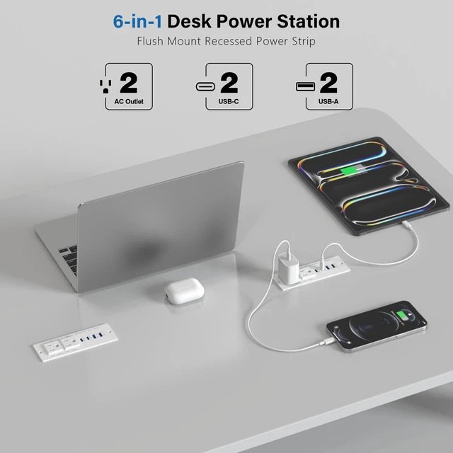 Alt view image 4 of 7 - Recessed Power Strip with 2 PD 65W USB C,Flush Mount Outlet White, 6FT,Flush Mount Countertop Drawer Outlet, Furniture Hidden Charging Station for Side Table, End Table,2 AC Outlets