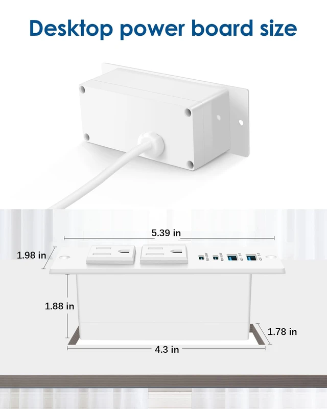 Alt view image 6 of 7 - Recessed Power Strip with 2 PD 65W USB C,Flush Mount Outlet White, 6FT,Flush Mount Countertop Drawer Outlet, Furniture Hidden Charging Station for Side Table, End Table,2 AC Outlets