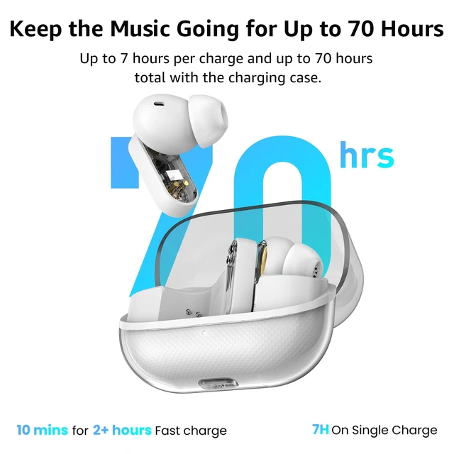 Alt view image 5 of 7 - Crystal Pods Hybrid Active Noise Cancelling Wireless Earbuds, White 10mm Drivers Deep Bass, 4 Mics Smart ENC AI Calls, Real-Time AI Translation, 32 EQ via App, Bluetooth 5.4, 70H,Crystal Design