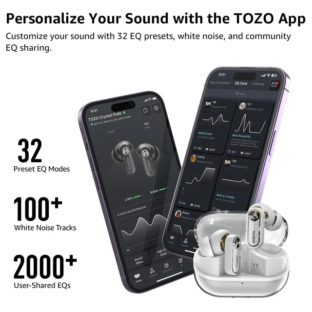 Alt view image 7 of 7 - Crystal Pods Hybrid Active Noise Cancelling Wireless Earbuds, White 10mm Drivers Deep Bass, 4 Mics Smart ENC AI Calls, Real-Time AI Translation, 32 EQ via App, Bluetooth 5.4, 70H,Crystal Design