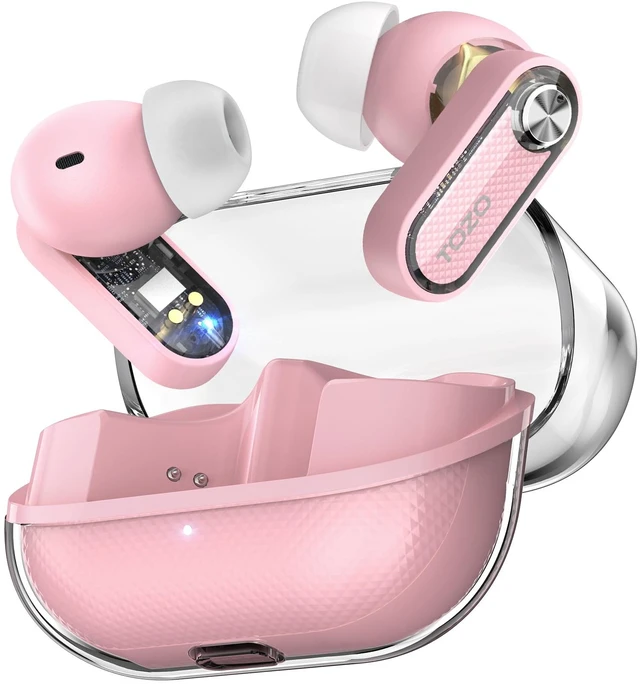 Main image of Crystal Pods Hybrid Active Noise Cancelling Wireless Earbuds, Pink 10mm Drivers Deep Bass, 4 Mics Smart ENC AI Calls, Real-Time AI Translation, 32 EQ via App, Bluetooth 5.4, 70H,Crystal Design