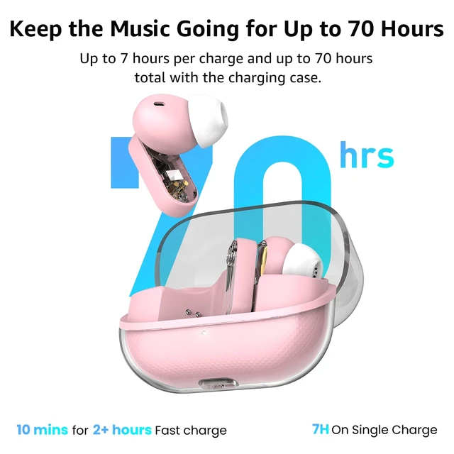 Alt view image 5 of 7 - Crystal Pods Hybrid Active Noise Cancelling Wireless Earbuds, Pink 10mm Drivers Deep Bass, 4 Mics Smart ENC AI Calls, Real-Time AI Translation, 32 EQ via App, Bluetooth 5.4, 70H,Crystal Design