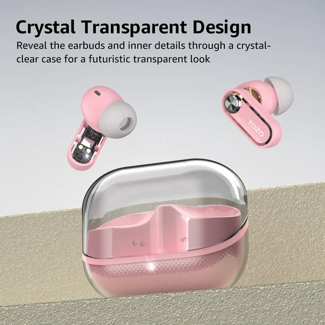 Alt view image 2 of 7 - Crystal Pods Hybrid Active Noise Cancelling Wireless Earbuds, Pink 10mm Drivers Deep Bass, 4 Mics Smart ENC AI Calls, Real-Time AI Translation, 32 EQ via App, Bluetooth 5.4, 70H,Crystal Design