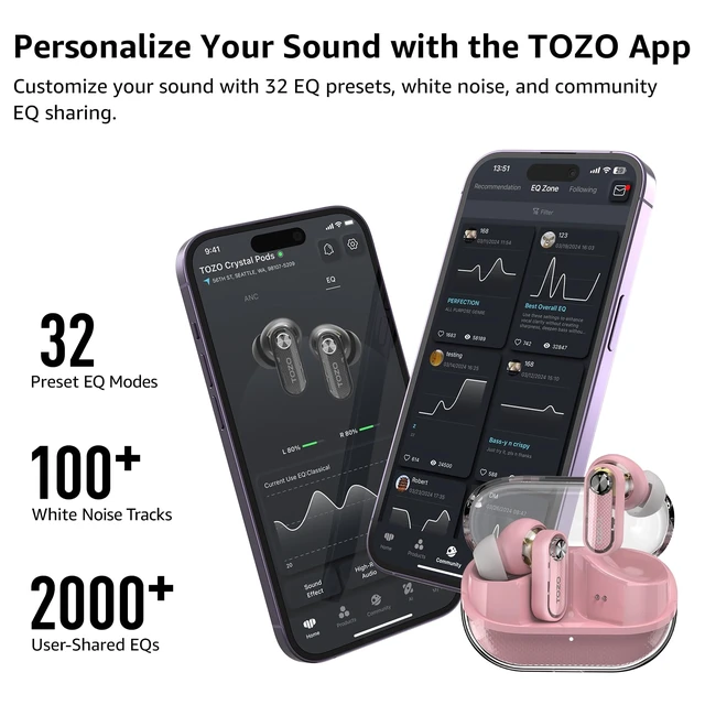 Alt view image 7 of 7 - Crystal Pods Hybrid Active Noise Cancelling Wireless Earbuds, Pink 10mm Drivers Deep Bass, 4 Mics Smart ENC AI Calls, Real-Time AI Translation, 32 EQ via App, Bluetooth 5.4, 70H,Crystal Design