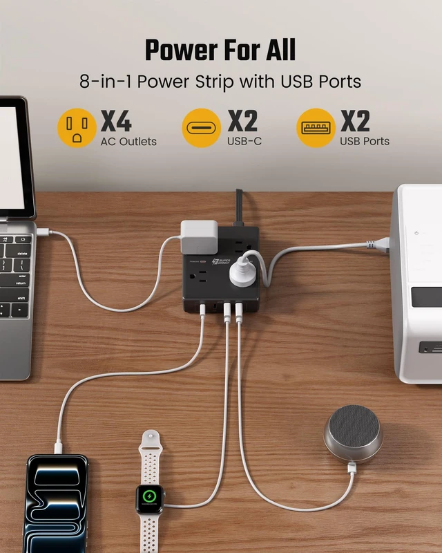 Alt view image 2 of 7 - 10 Ft Long Extension Cord Flat Plug Power Strip Surge Protector 4 Outlets & 4 USB (2 USB-C) Charging Station for Home Office, College Dorm Room Essentials, Travel, Black